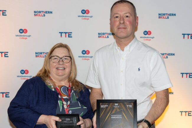 Sponsor Wilton Engineering's Andy Ryder, with Outstanding Contribution to Apprenticeships winner, Liz Barraclough.