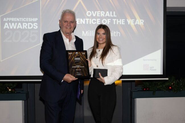 Sponsor NZT Power's Alan Robinson with Overall Apprentice Winner, Millie Smith