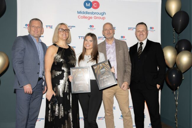 (L-R) Tees Business Martin Walker, Host Aimey Adamson, Overall Winner Millie Smith, Tees Business Dave Allan, and Host Matt Telling