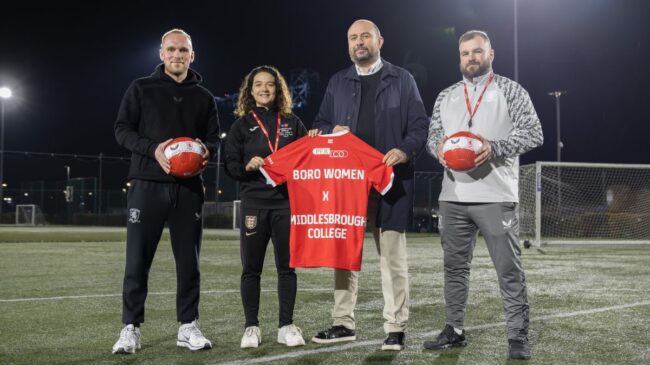 L to R: Joe Lillie, interim head coach of Middlesbrough FC Women; Sammie Leigh, director of Middlesbrough College Sport Academy; Ben Fisher, general manager of Middlesbrough FC Women; Dan Wilson, coach of Middlesbrough College Women’s Football Academy.