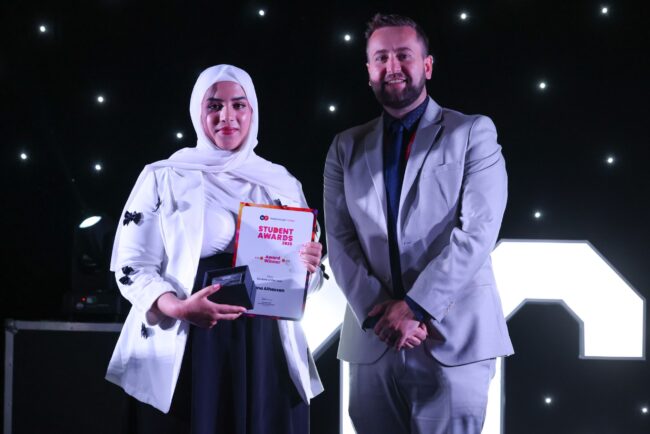 ESOL Student of the Year, Lana Alhassan, with Executive Director of Inclusive Learning Craig Duggan, on behalf of Thirteen Group