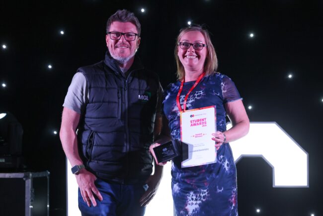 MGL Group's Greg Chapman, with Associate Director Fiona Kempton, on behalf of ACL Basic Skills Learner of the Year, Jamishid Danishjoy