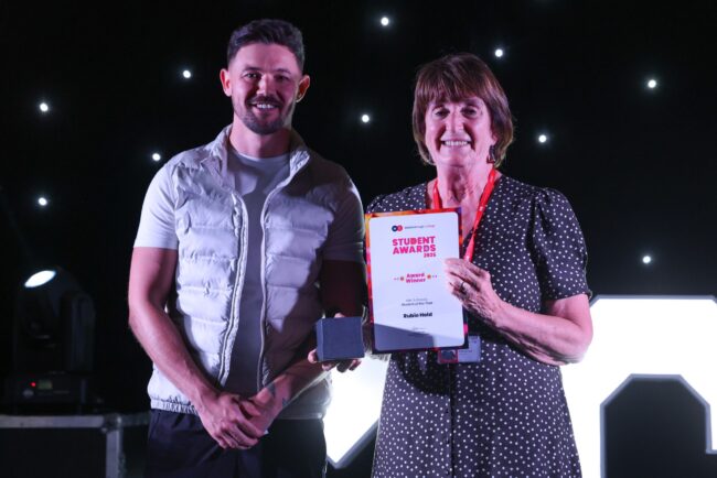 Southern Asset Management's Ryan Southern with Chair of Governors, Laura Woods, collecting the award for Hair and Beauty Student of the Year, Rubie Hold