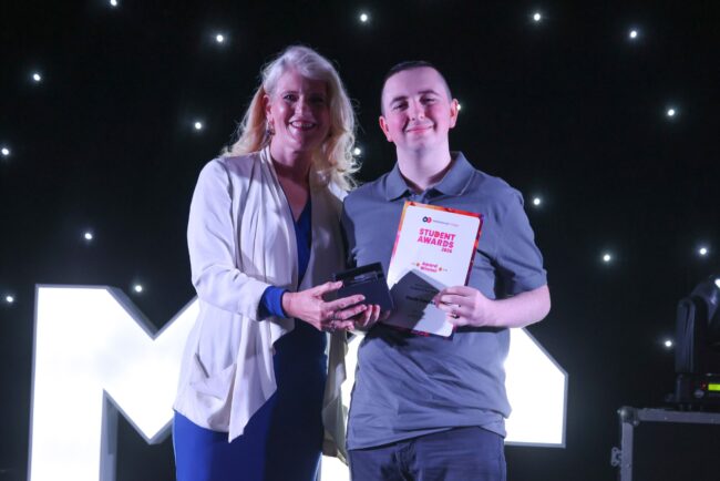 Work Ready Collective's Claire Preston, with Motor Vehicle of the Year, Oscar Coates