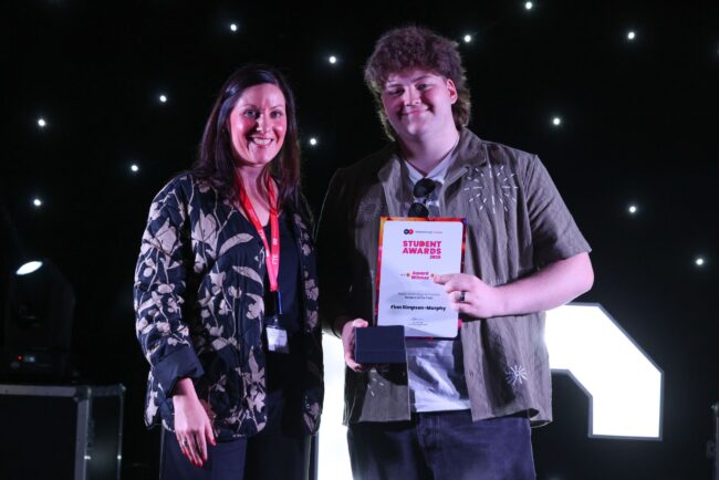 On behalf of HR Alchemy, Tutor Jess McGuiness, with Music Technology and Practice Student of the Year, Finn Simpson-Murphy