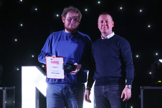 Performing Arts and Theatre Operations Student of the Year, William Speight, with Wilton Engineering's Andy Ryder