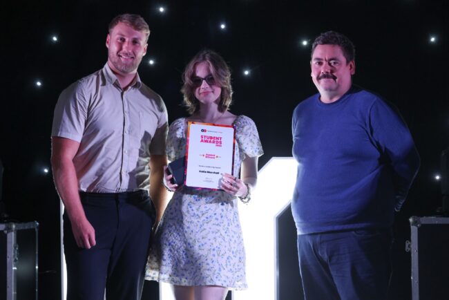 Casper Shipping's Luke Symmonds and Calum Watson, with Student Leadership Award Winner Katie Marshall