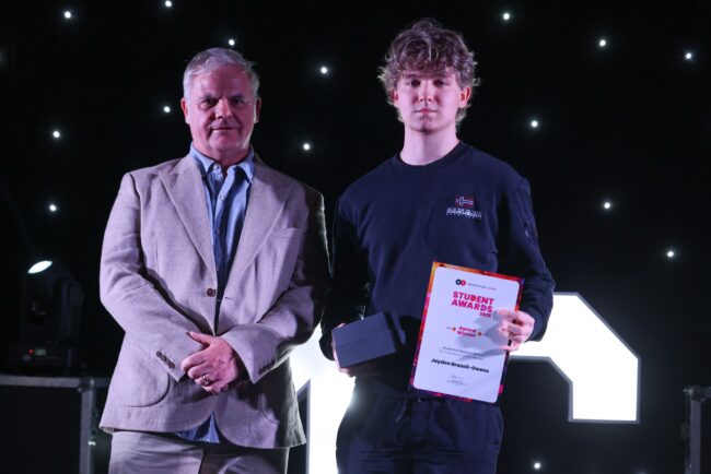 On behalf of Steel Benders, Tutor Jamie Hunter, with Student Endeavour Award (In memory of Grace Measor) Winner, Jayden Brazell-Owens