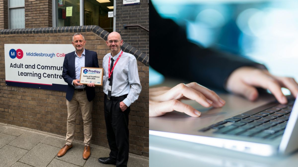 Andrew Lenehan and Mark Nicholson hold the Centre of Excellence Award, and a stock image of hands on a laptop