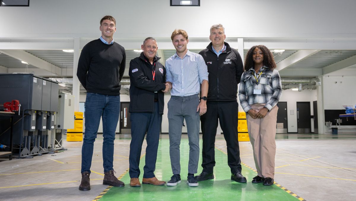 L-R: Owen Lancaster, Quantity Surveyor at Morgan Sindall Construction, Jonathan Inglesfield, Assistant Principal for Construction, Engineering & TTE, Jacob Charleton, Site Manager at Morgan Sindall Construction, John Cooke, Assistant Director of TTE, Tej Dogun, Graduate Design Manager, Morgan Sindall Construction