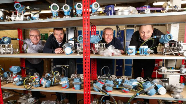 Gary French of TTE, Alan Midgley and David Plews from Mitsubishi Chemical UK and John Taylor of TTE with some of the equipment which has been donated to TTE by Mitsubishi Chemical UK