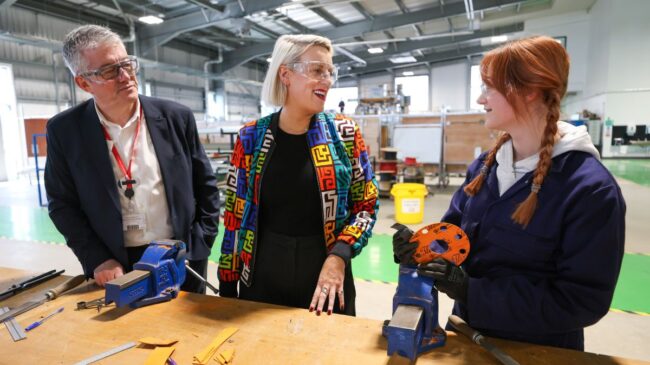 Steph McGovern and Phil Blewitt talk to engineering student