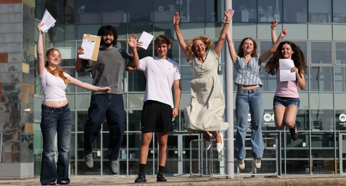 Results Day 2026: Principal and CEO Zoe Lewis and students jump for joy to celebrate Level 3 results