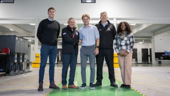 L-R: Owen Lancaster, Quantity Surveyor at Morgan Sindall Construction, Jonathan Inglesfield, Assistant Principal for Construction, Engineering & TTE, Jacob Charleton, Site Manager at Morgan Sindall Construction, John Cooke, Assistant Director of TTE, Tej Dogun, Graduate Design Manager, Morgan Sindall Construction