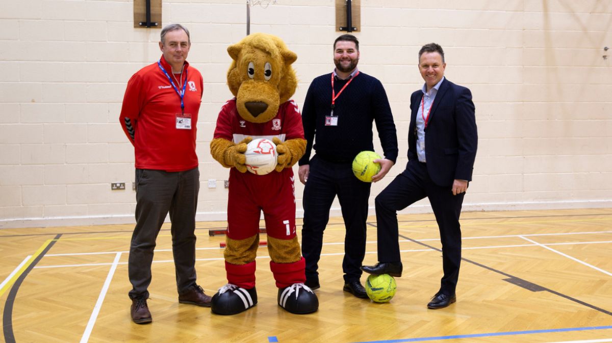 MFC Representative, Rory The Lion Mascot And Northern Skills' Pete Donnelly And Matt Telling